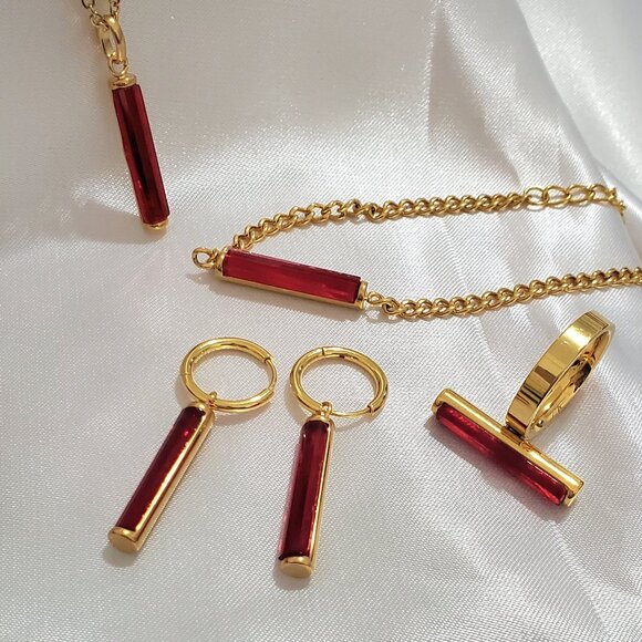 18K Gold Plated Stainless Steel Red Gold Crystal Necklaces 4 pcs Jewelry Set - Picture 2 of 3